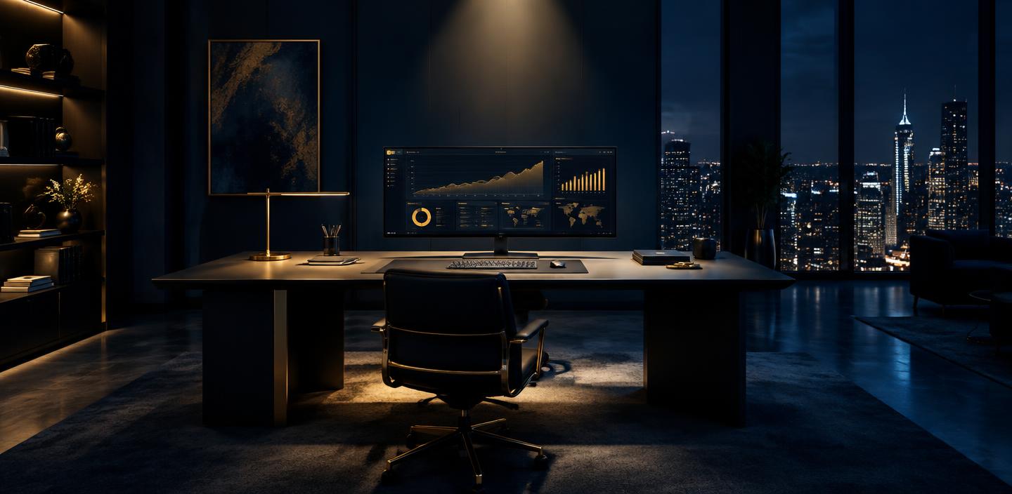 The machine interface: a dark executive office at night with a revenue dashboard glowing on screen